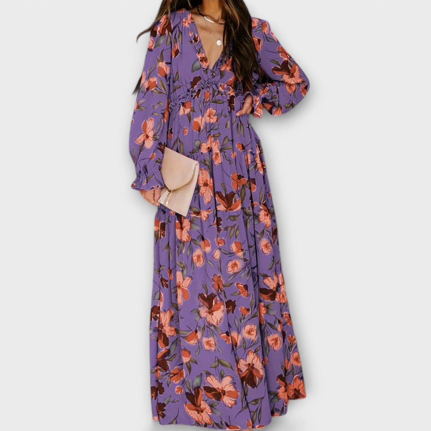 Vestido maxi floral plisado con escote V Marbella
