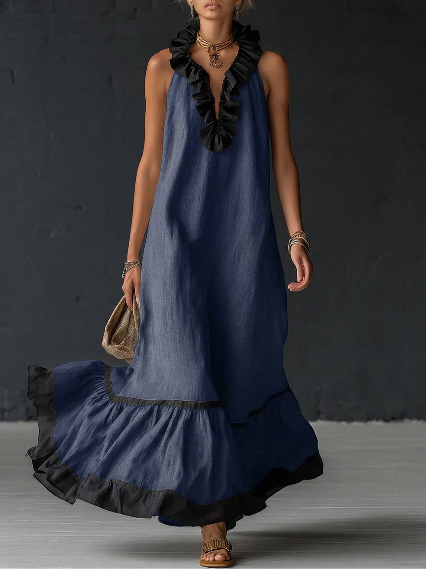Vestido maxi con volantes bicolor Frida