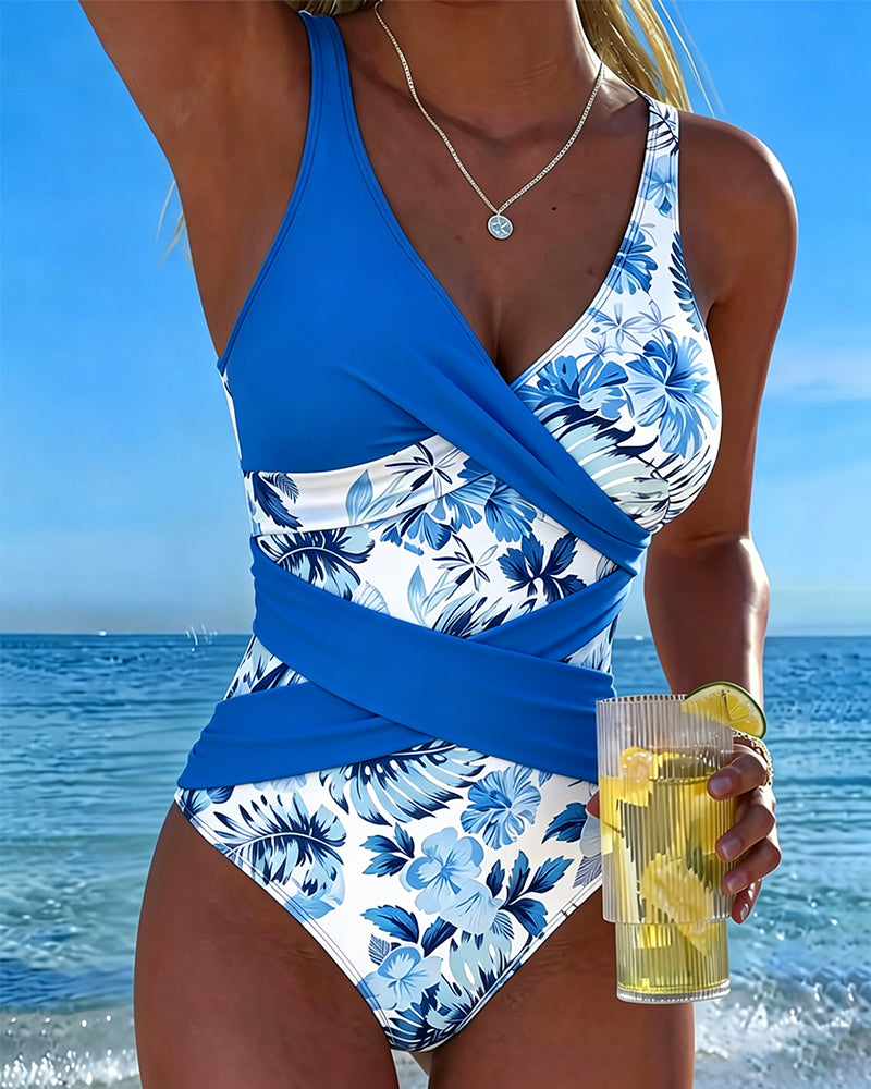 Traje de baño de una pieza floral en contraste Ariana