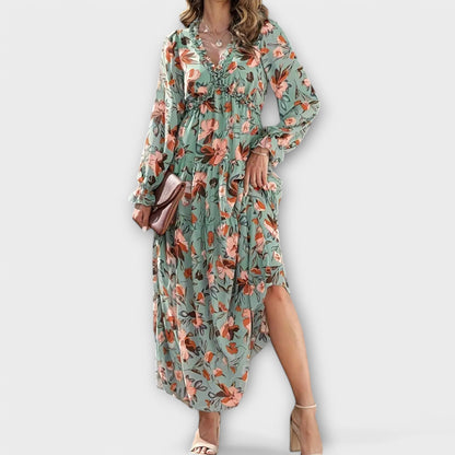 Vestido maxi floral plisado con escote V Marbella