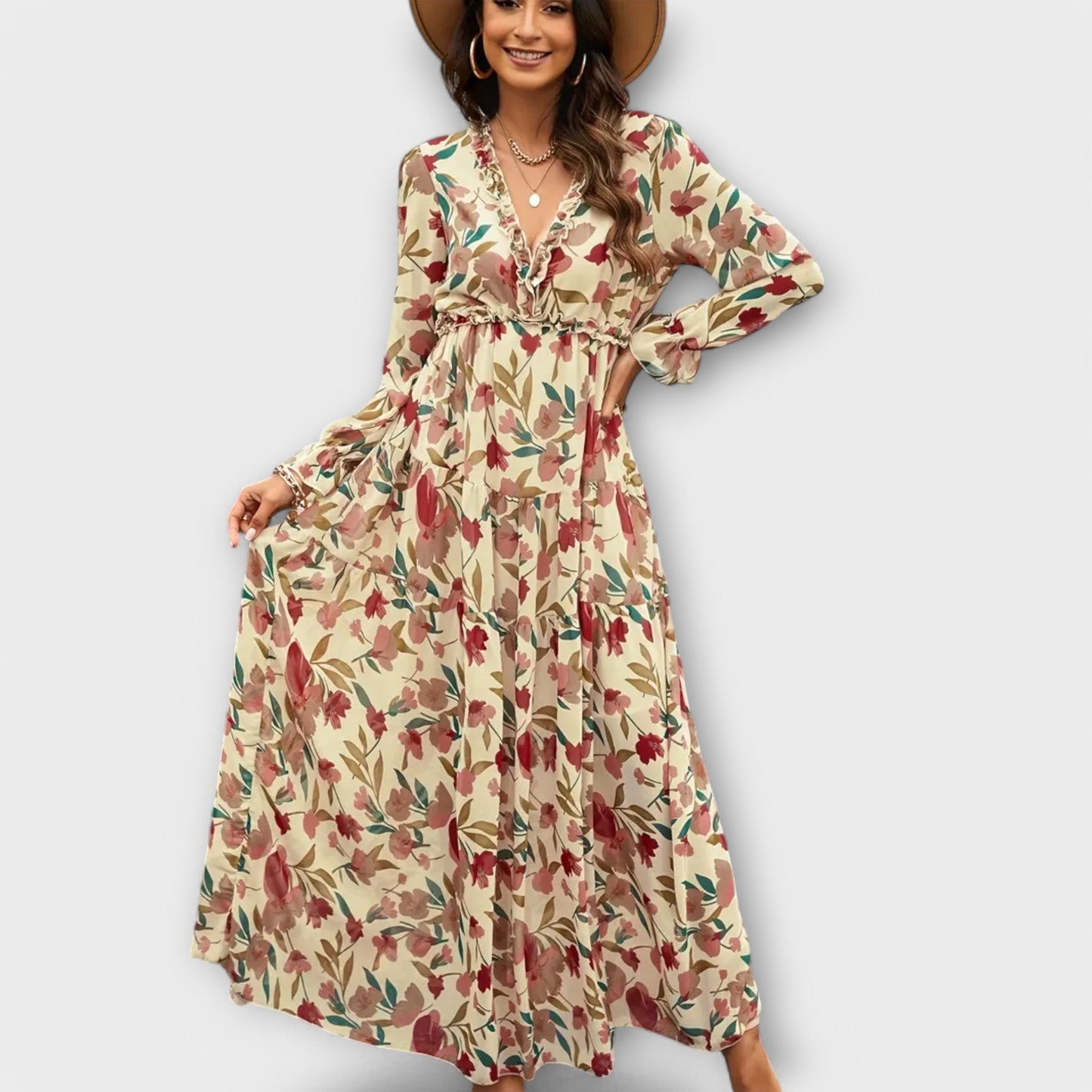 Vestido maxi floral plisado con escote V Marbella