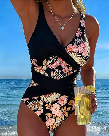 Traje de baño de una pieza floral en contraste Ariana