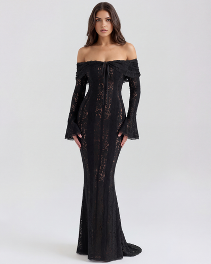 Vestido largo negro escote bardot Ángela