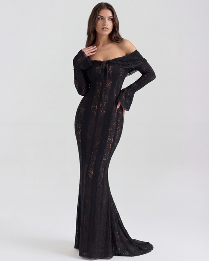 Vestido largo negro escote bardot Ángela