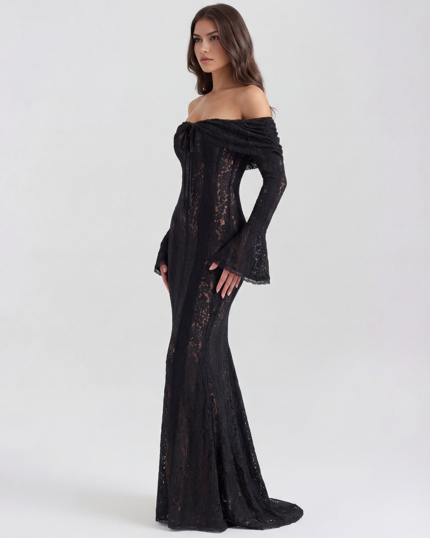 Vestido largo negro escote bardot Ángela
