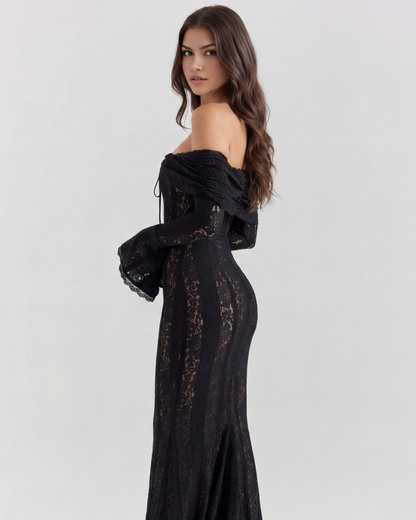 Vestido largo negro escote bardot Ángela
