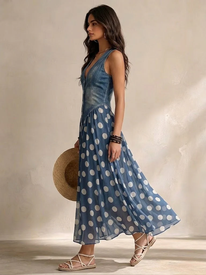 Vestido vaquero con falda de gasa de lunares Montserrat