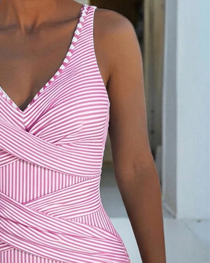 Traje de baño de una pieza cuello en V de rayas Frida