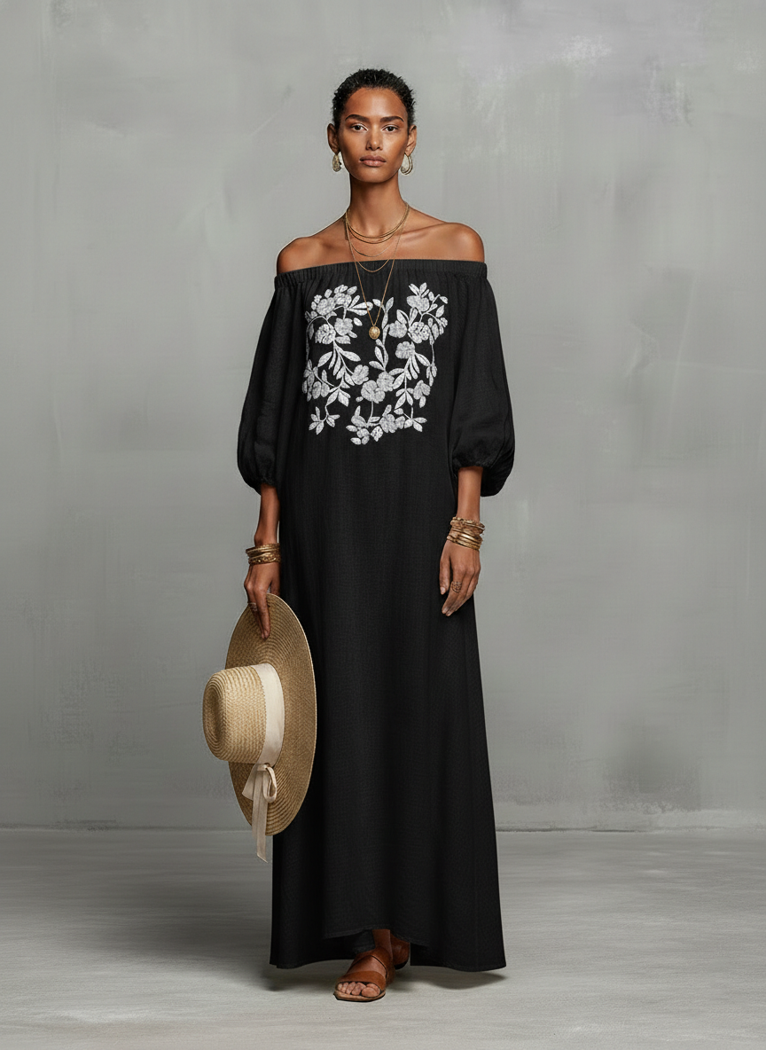 Vestido maxi hombros descubiertos con bordado Estefanía