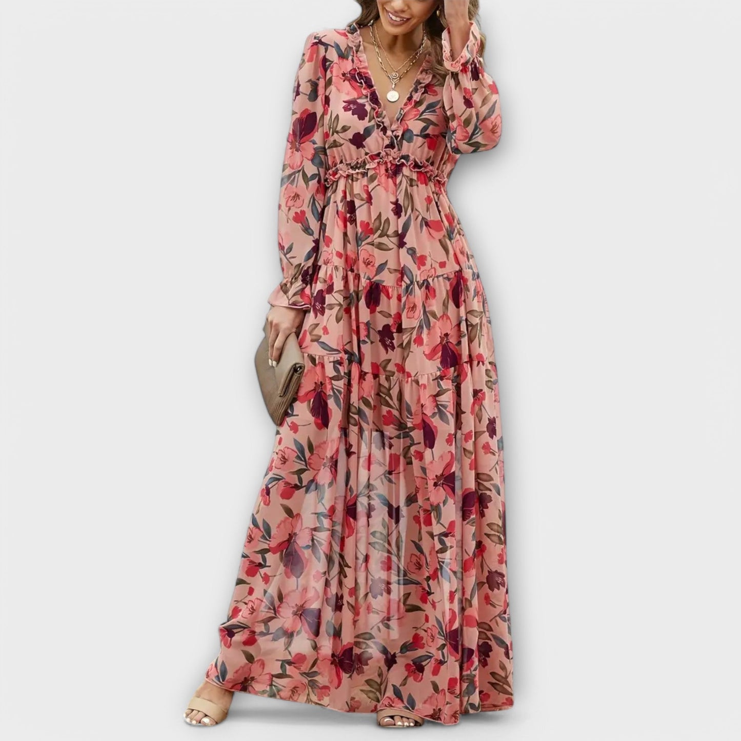 Vestido maxi floral plisado con escote V Marbella