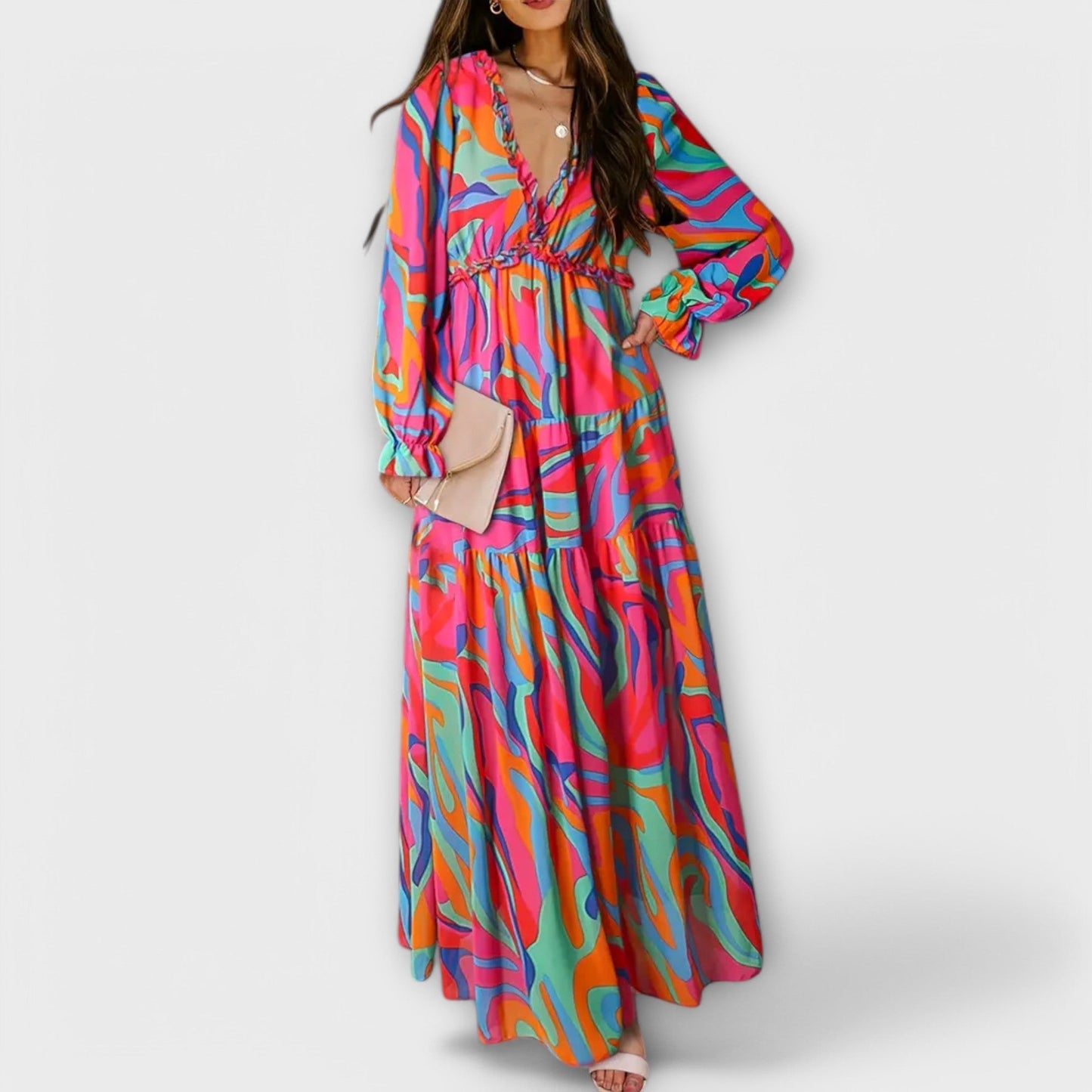 Vestido maxi floral plisado con escote V Marbella