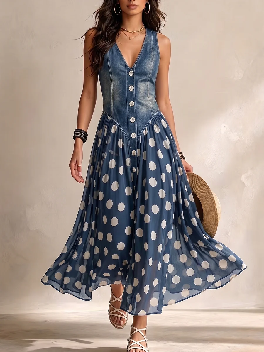 Vestido vaquero con falda de gasa de lunares Montserrat