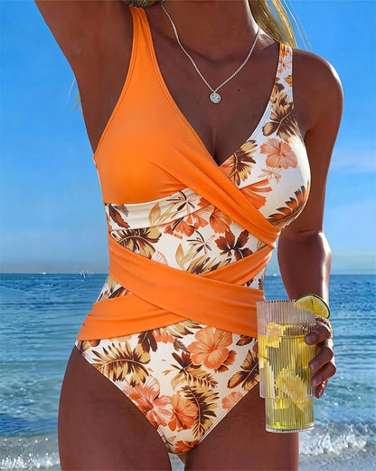 Traje de baño de una pieza floral en contraste Ariana