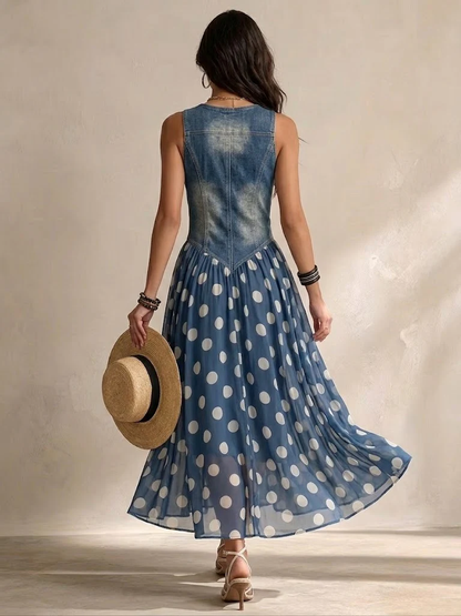 Vestido vaquero con falda de gasa de lunares Montserrat