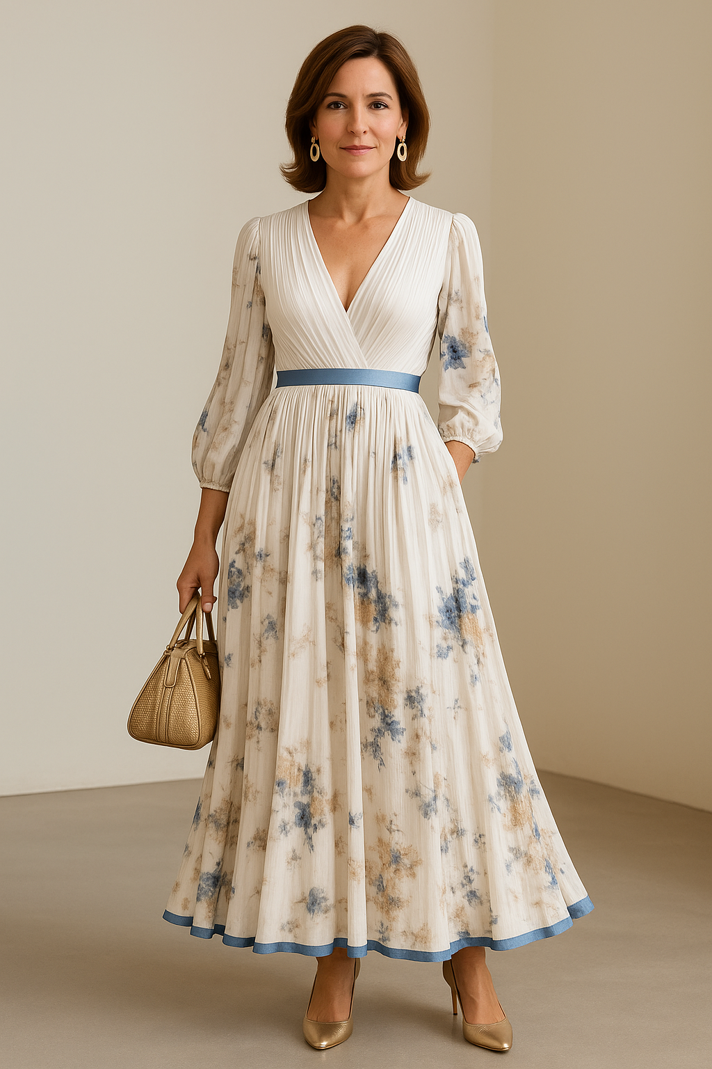 Vestido maxi floral plisado de mangas largas Natalia