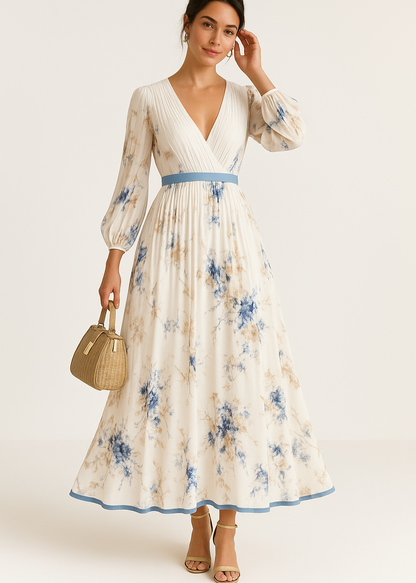 Vestido maxi floral plisado de mangas largas Natalia