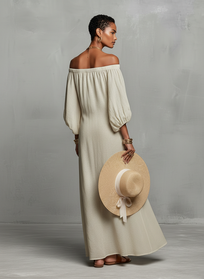 Vestido maxi hombros descubiertos con bordado Estefanía