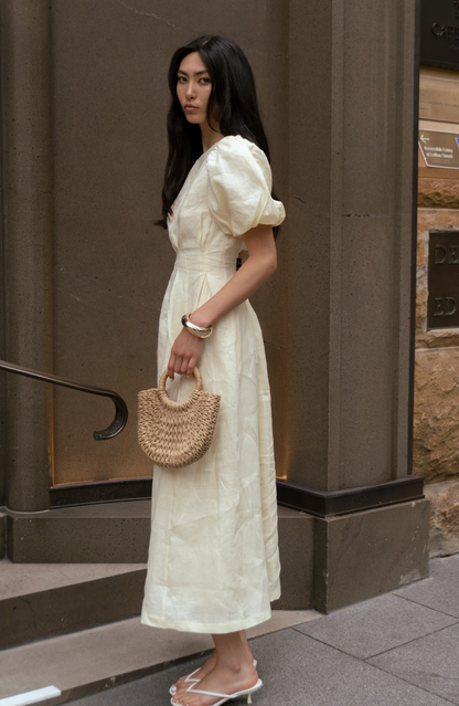 Vestido maxi de lino con mangas abullonadas Jimena
