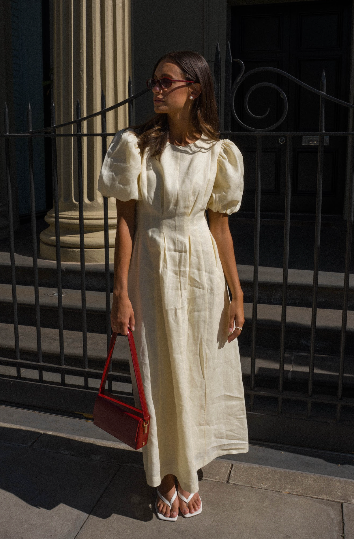 Vestido maxi de lino con mangas abullonadas Jimena