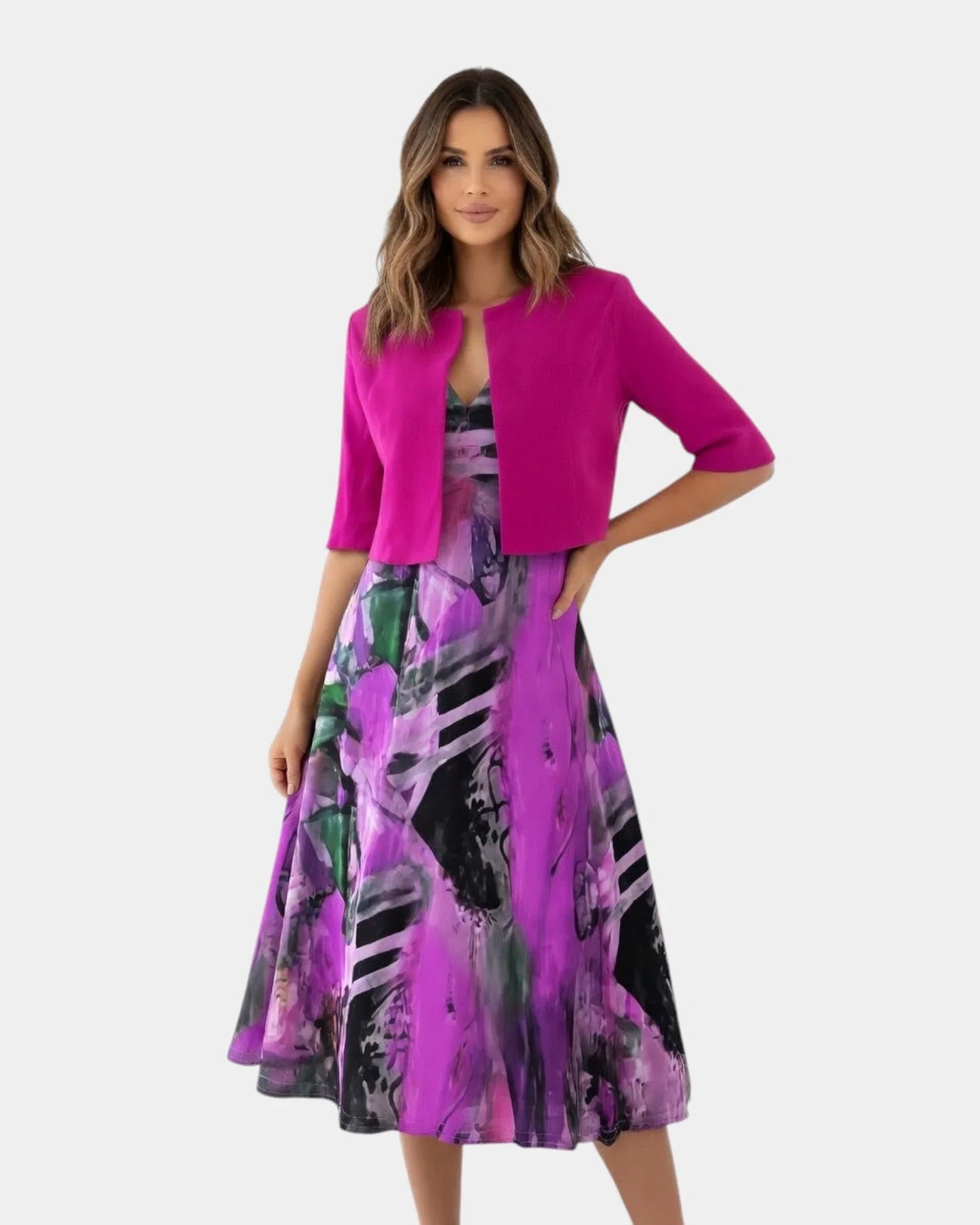 Conjunto de vestido y saco estampado Frida