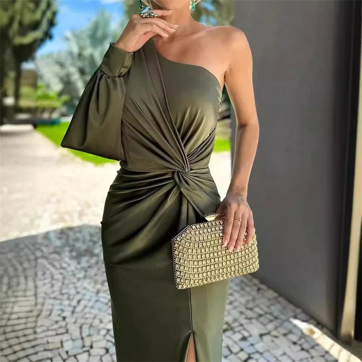 Vestido maxi de fiesta un solo hombro Coral