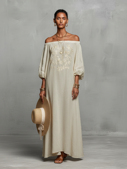 Vestido maxi hombros descubiertos con bordado Estefanía