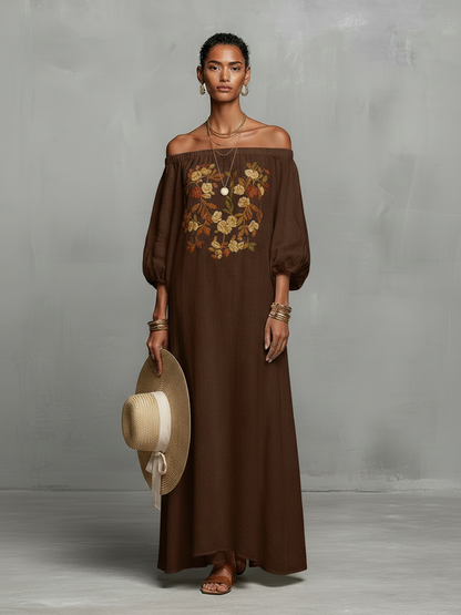 Vestido maxi hombros descubiertos con bordado Estefanía