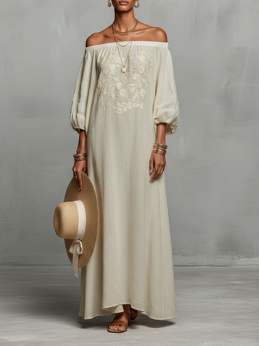 Vestido maxi hombros descubiertos con bordado Estefanía
