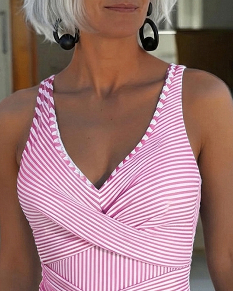 Traje de baño de una pieza cuello en V de rayas Frida