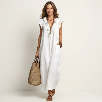 Vestido con cuello en V y volantes Alma