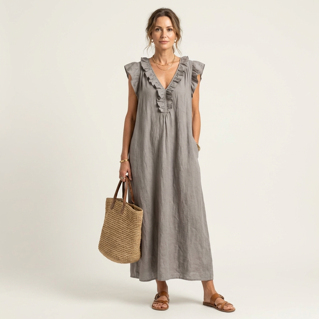 Vestido con cuello en V y volantes Alma