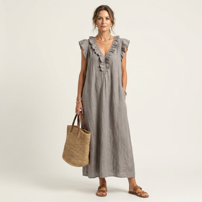 Vestido con cuello en V y volantes Alma