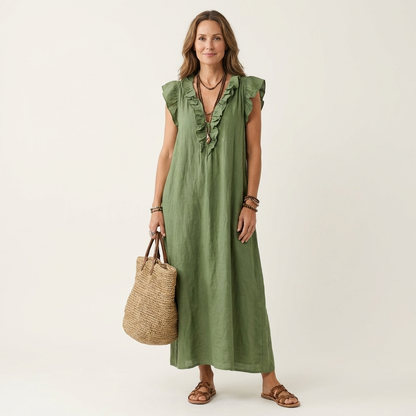 Vestido con cuello en V y volantes Alma