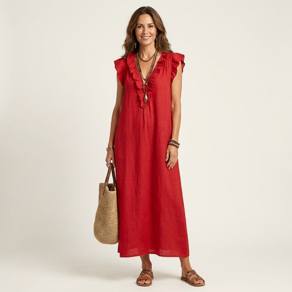 Vestido con cuello en V y volantes Alma