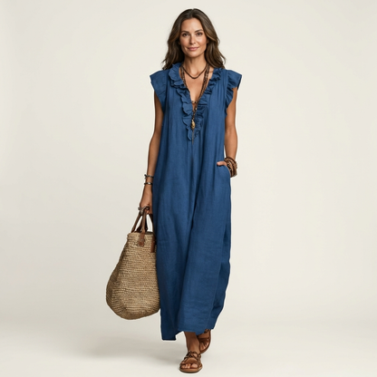 Vestido con cuello en V y volantes Alma