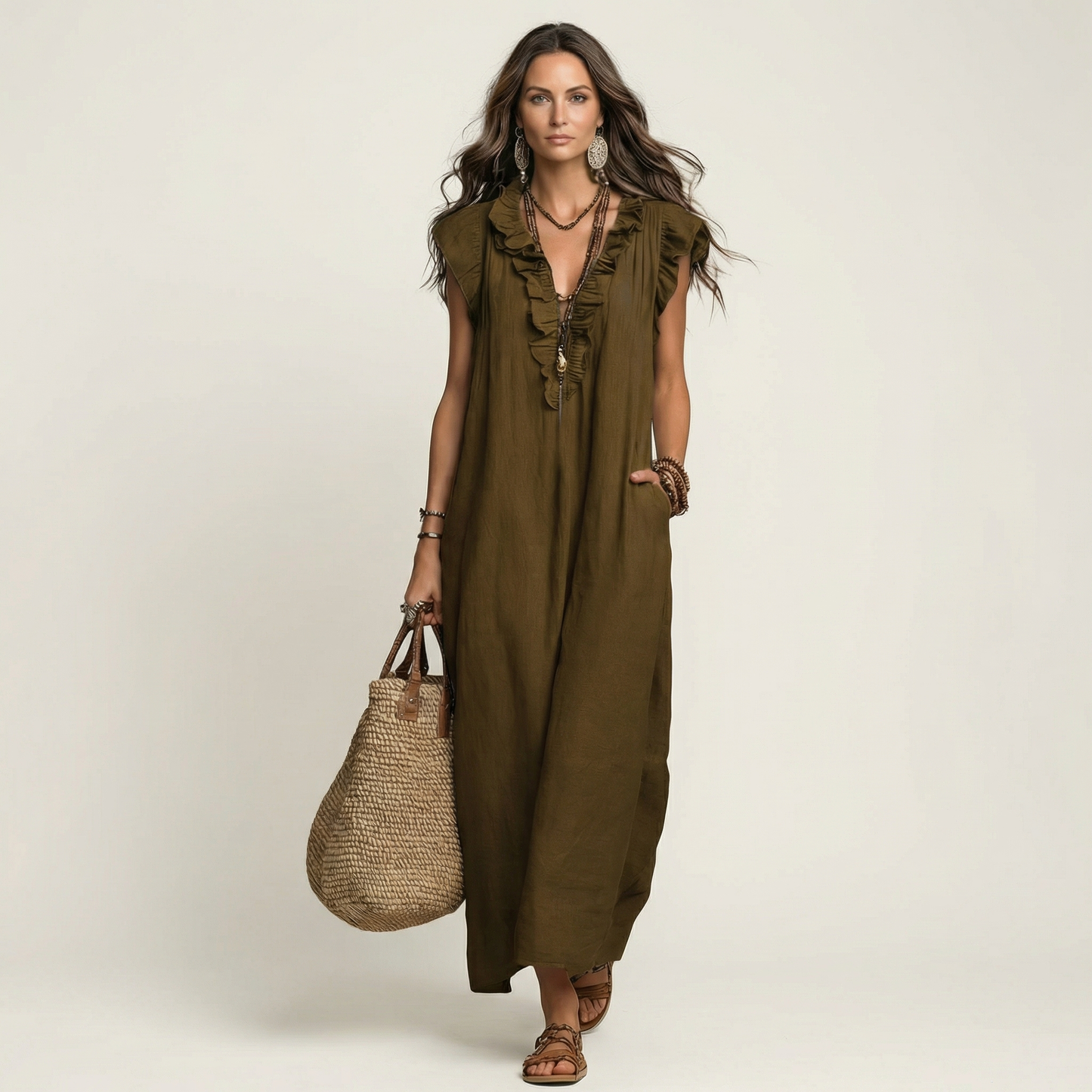 Vestido con cuello en V y volantes Alma