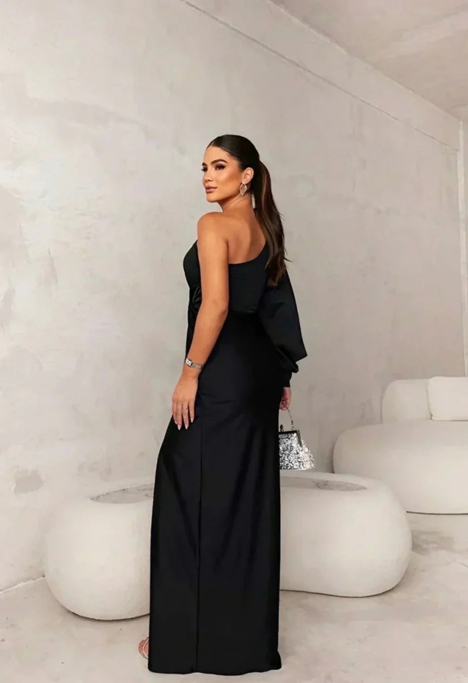 Vestido maxi de fiesta un solo hombro Coral