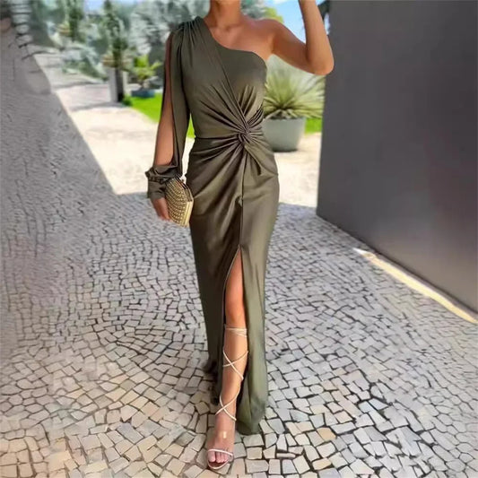 Vestido maxi de fiesta un solo hombro Coral