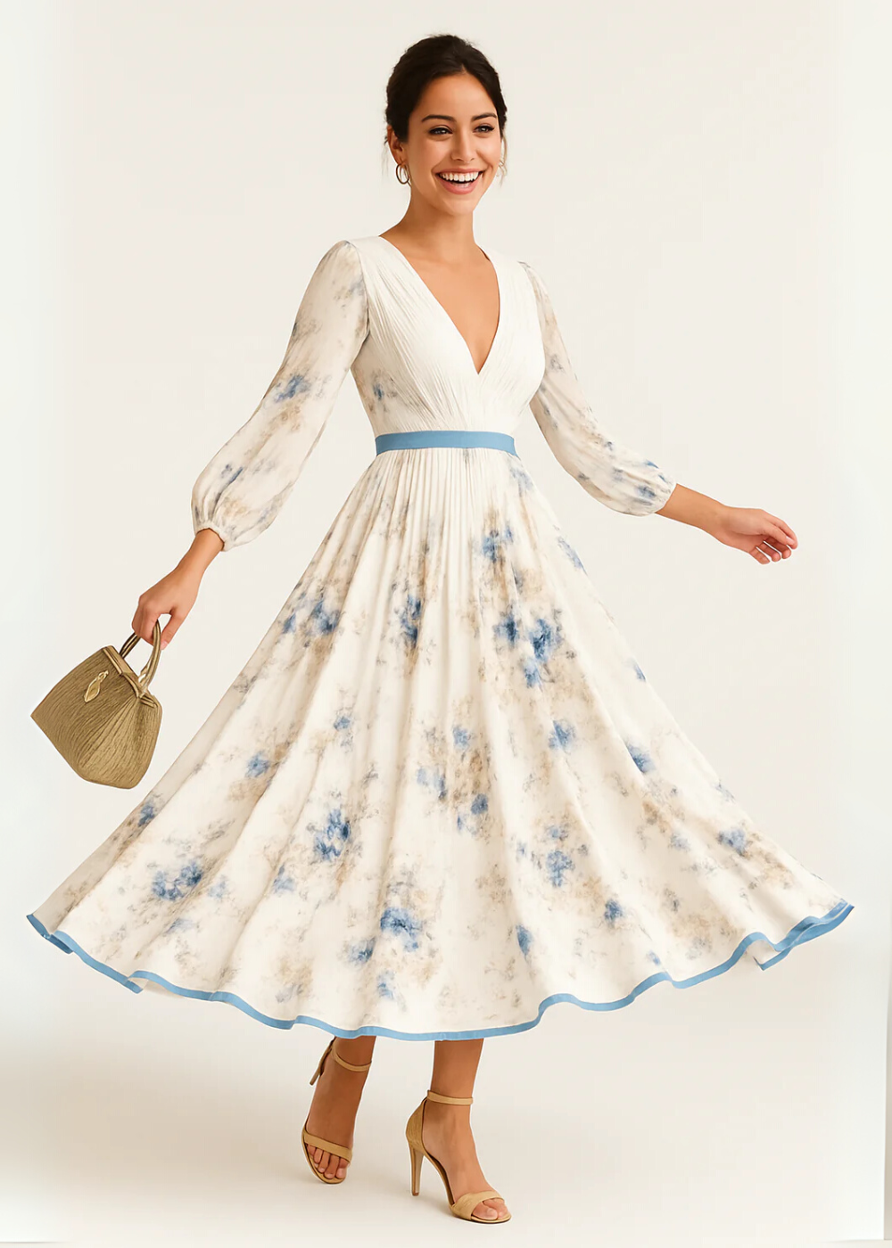 Vestido maxi floral plisado de mangas largas Natalia