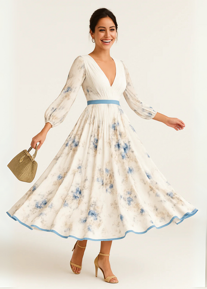 Vestido maxi floral plisado de mangas largas Natalia