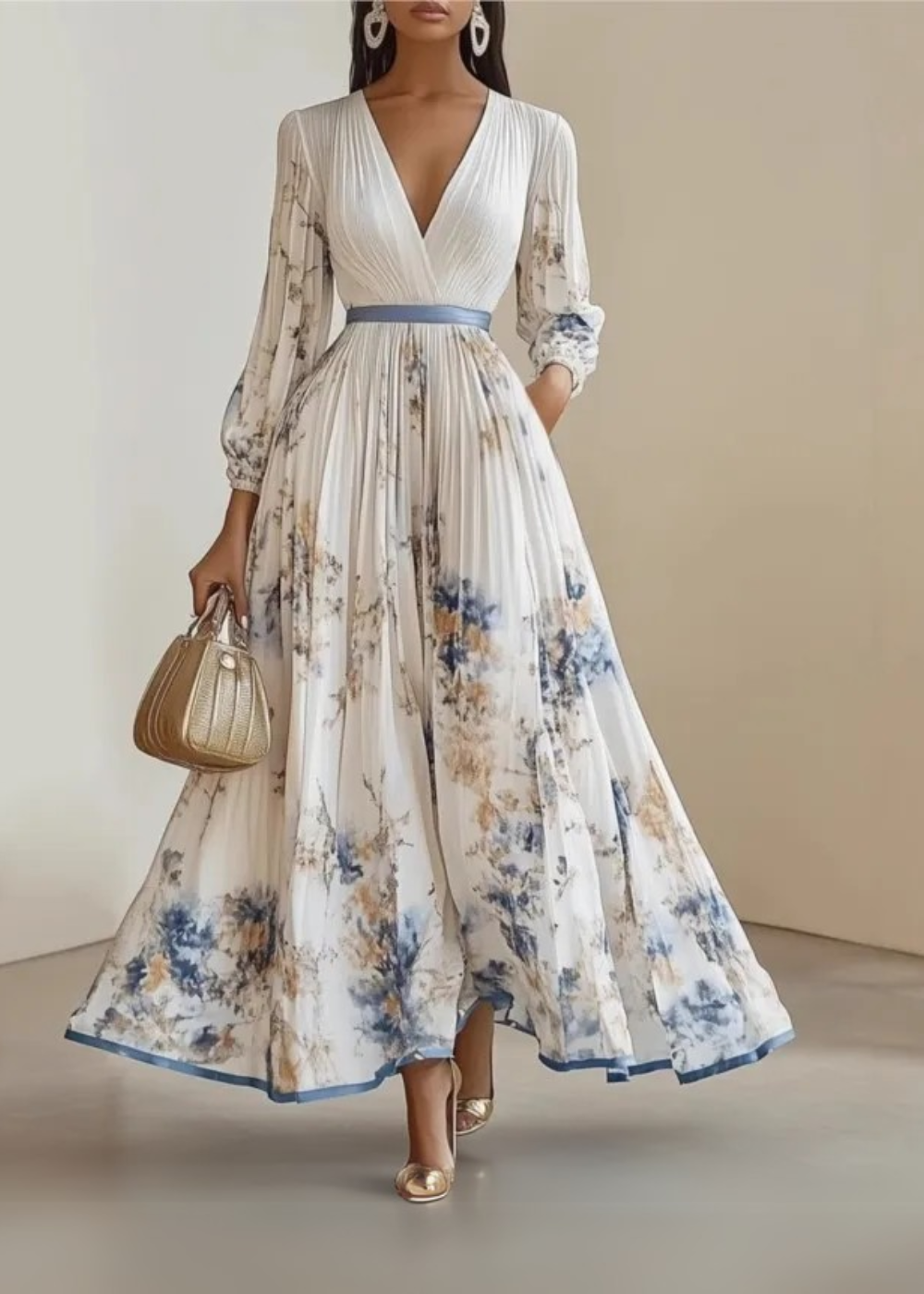 Vestido maxi floral plisado de mangas largas Natalia