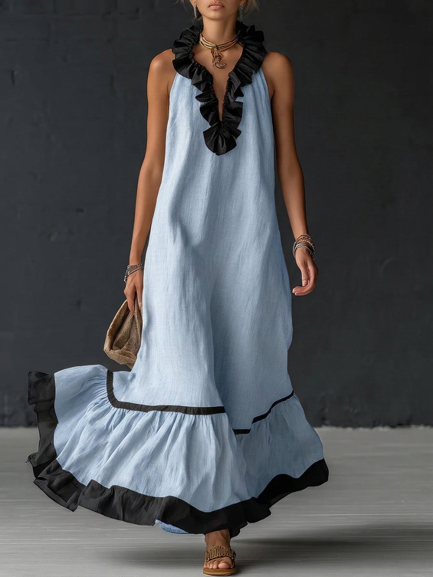 Vestido maxi con volantes bicolor Frida