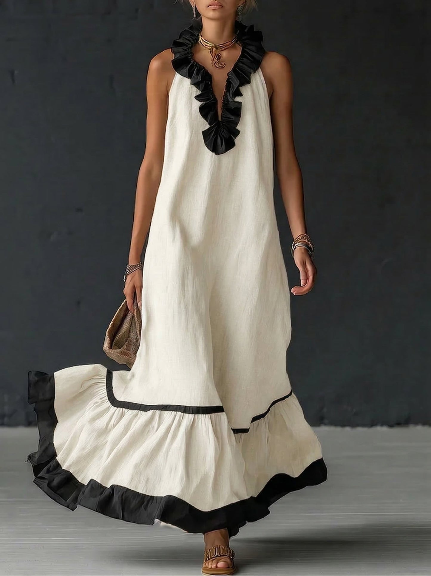 Vestido maxi con volantes bicolor Frida