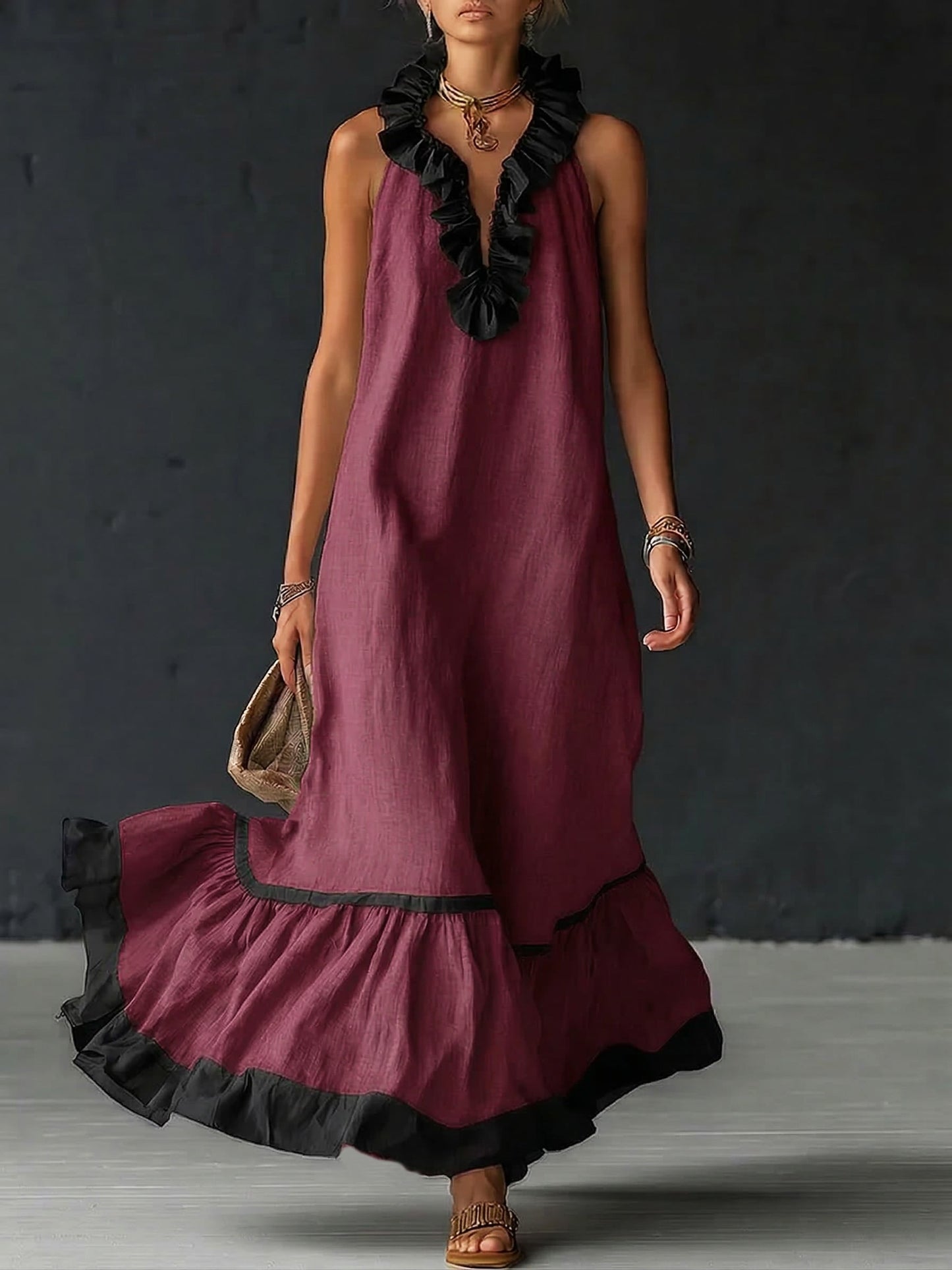 Vestido maxi con volantes bicolor Frida