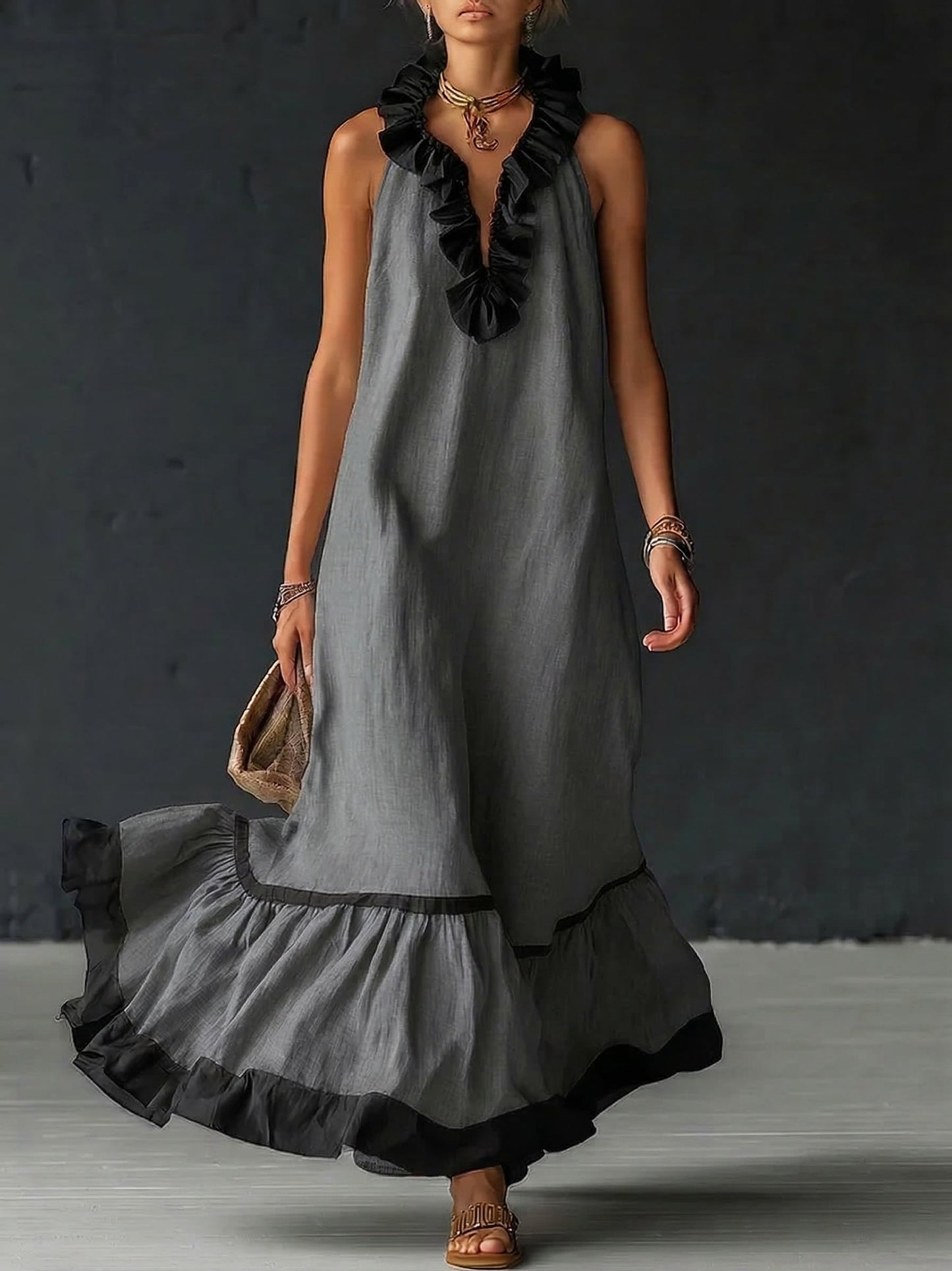 Vestido maxi con volantes bicolor Frida